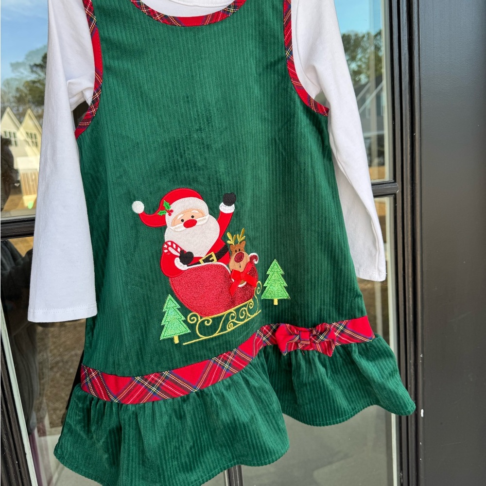 Green Santa Corduroy Dress with Red Plaid Accents
